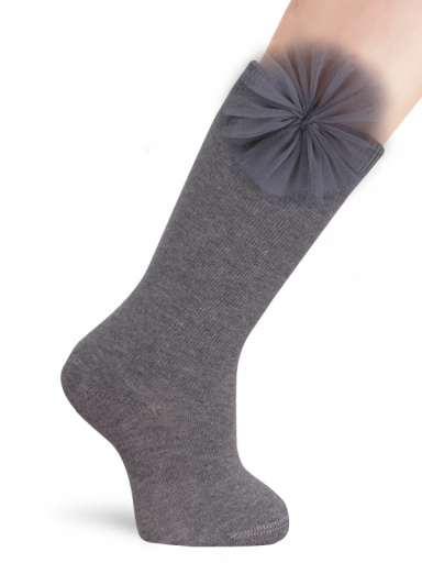 Calcetines Altos Lisos con flor de tul Gris Grey