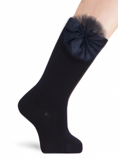 Calcetines Altos Lisos con flor de tul Marino Navyblue