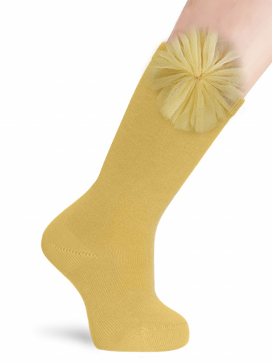Calcetines Altos Lisos con flor de tul Mostaza Mustard