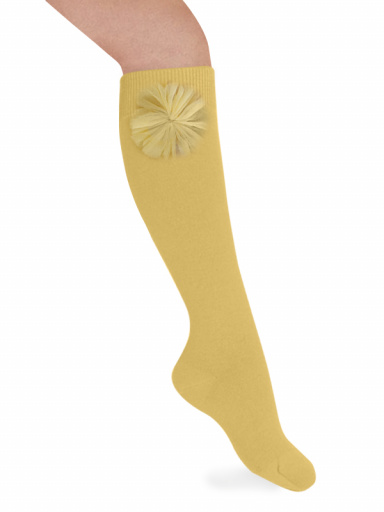 Calcetines Altos Lisos con flor de tul Mostaza Mustard
