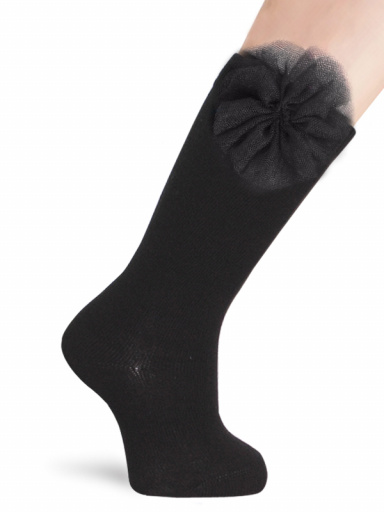 Calcetines Altos Lisos con flor de tul Negro Black