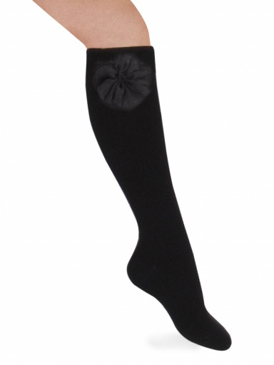 Calcetines Altos Lisos con flor de tul Negro Black