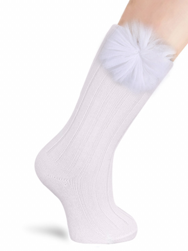 Calcetines Altos Canalé con flor de tul Blanco White