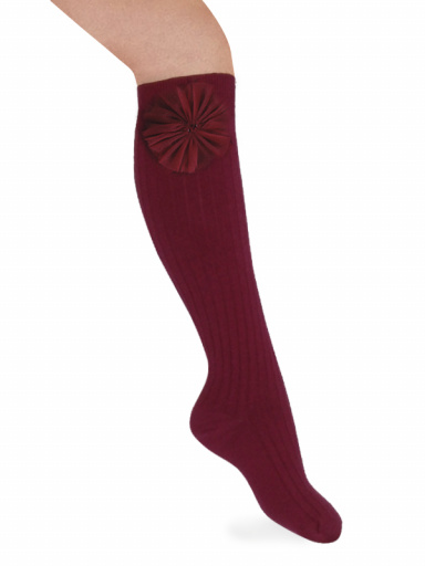 Calcetines Altos Canalé con flor de tul Granate Maroon