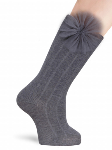 Calcetines Altos Canalé con flor de tul Gris Grey