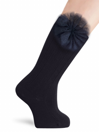 Calcetines Altos Canalé con flor de tul Marino Navyblue