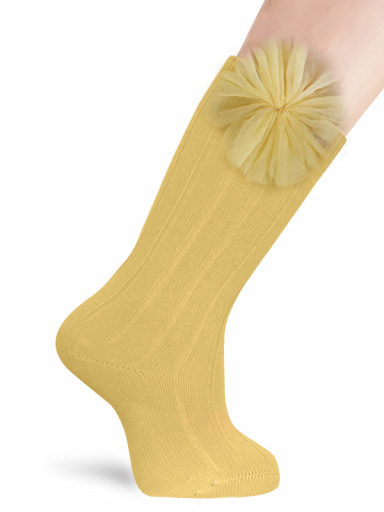 Calcetines Altos Canalé con flor de tul Mostaza Mustard