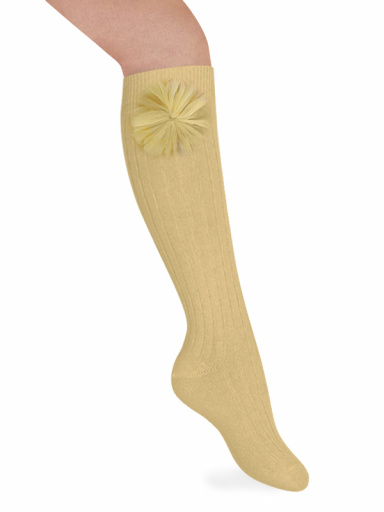 Calcetines Altos Canalé con flor de tul Mostaza Mustard