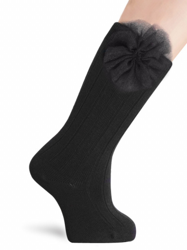 Calcetines Altos Canalé con flor de tul Negro Black