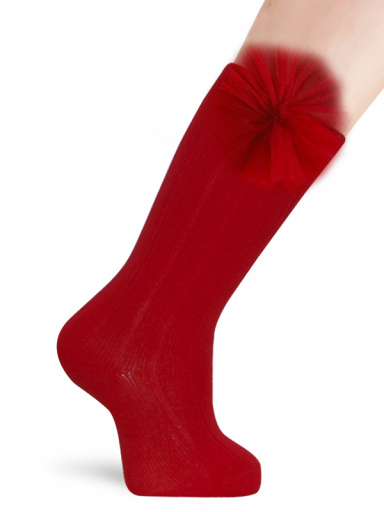 Calcetines Altos Canalé con flor de tul Rojo Red