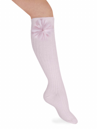 Calcetines Altos Canalé con flor de tul Rosa Pink