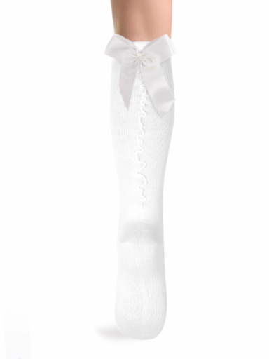 Calcetines altos con costura trasera y lazo raso largo Blanco White