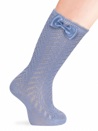 Calcetines altos perlé calado con lazo pequeño Azul Suave Softblue