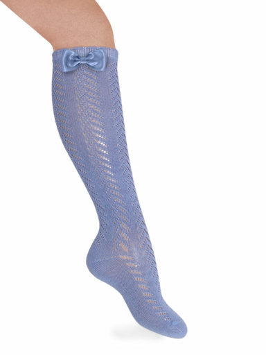 Calcetines altos perlé calado con lazo pequeño Azul Suave Softblue