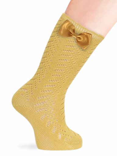 Calcetines altos perlé calado con lazo pequeño Mostaza Mustard