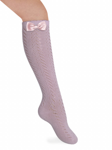 Calcetines altos perlé calado con lazo pequeño Rosa Pink