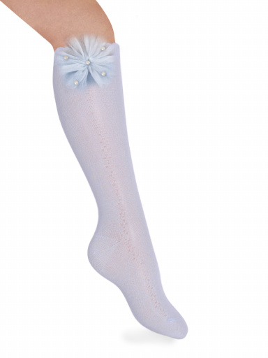 Calcetines Altos Calados con flor de tul y perlas Azul Bebe Babyblue