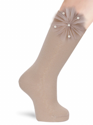 Calcetines Altos Calados con flor de tul y perlas Haya Peanut
