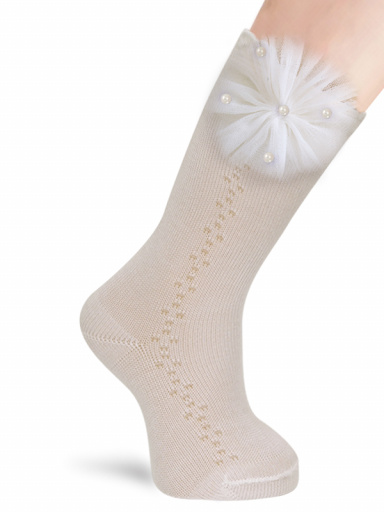 Calcetines Altos Calados con flor de tul y perlas Marfil Ivory