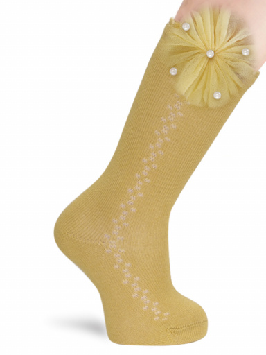 Calcetines Altos Calados con flor de tul y perlas Mostaza Mustard