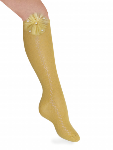 Calcetines Altos Calados con flor de tul y perlas Mostaza Mustard