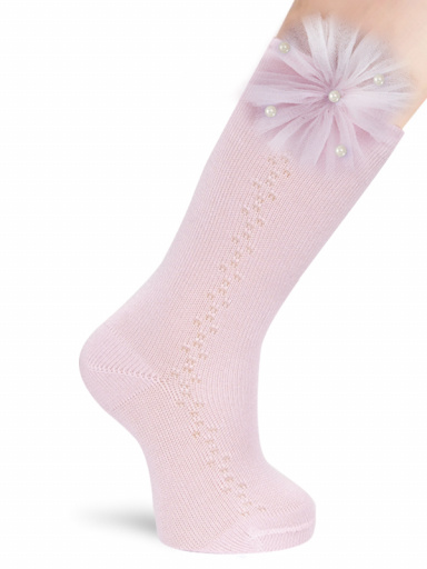 Calcetines Altos Calados con flor de tul y perlas Rosa Pink