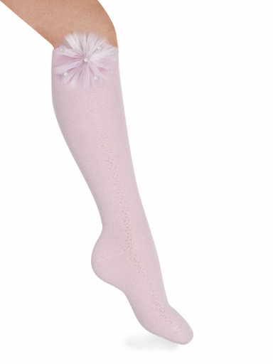 Calcetines Altos Calados con flor de tul y perlas Rosa Pink