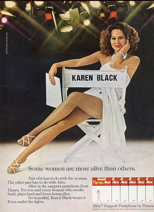 La actriz Karen Black en un anuncio publicitario de pantys 